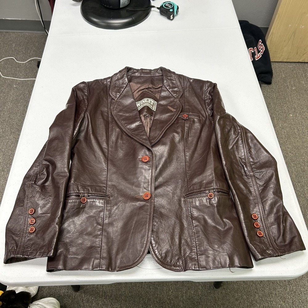 Winlit Leather Blazer Jacket Womens M Brown Vintage 3-Button Lined Tailored Coat